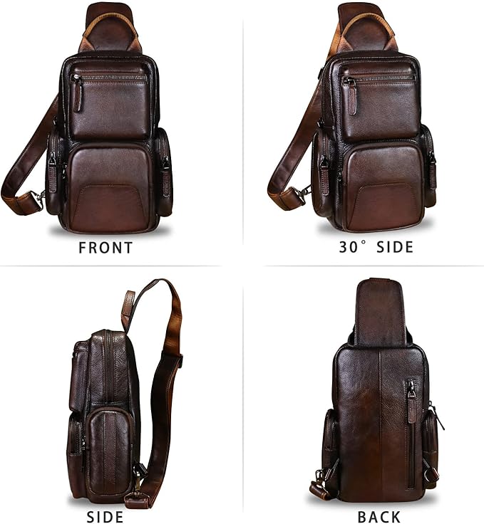 IVTG Genuine Leather Sling Bag Crossbody Casual Hiking Daypack Vintage Handmade Chest Bag Shoulder Backpack Motorcycle Pack (Coffee)