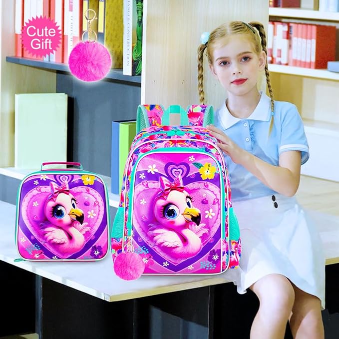 16" Girls Backpack, 3Pcs Flamingo School Bookbag with Lunch Box, Kids Backpacks for Elementary Preschool Kindergarten(Pink)
