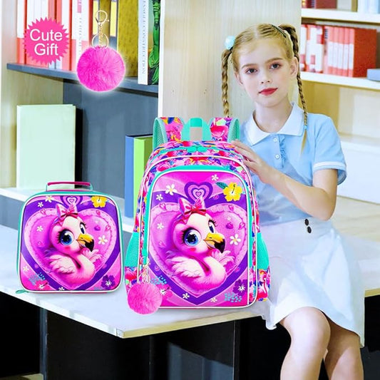 16" Girls Backpack, 3Pcs Flamingo School Bookbag with Lunch Box, Kids Backpacks for Elementary Preschool Kindergarten(Pink)