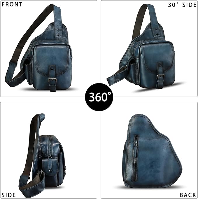 Genuine Leather Sling Bag for Men Women Chest Bag Crossbody Bag Vintage Sling Backpack Purses Hiking Sports Travel (Blue)