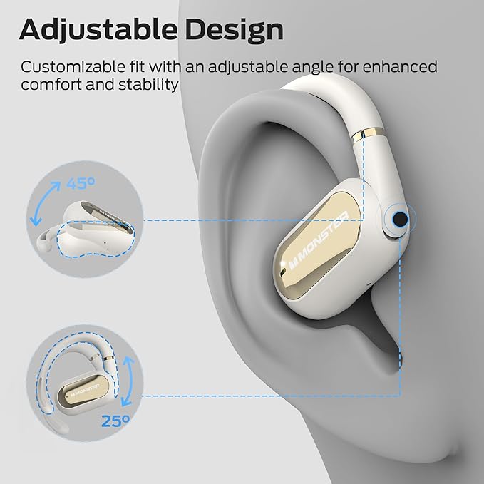 Monster Open Ear AC322, Bluetooth 5.4 Headset, 36H Battery Life, IPX5 Waterproof, Clear Communication, Ergonomic Design, Ear Angle Adjustable, Not Easy to Fall Off Wireless Bluetooth Headset.