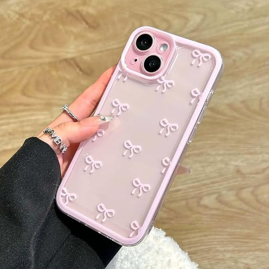 EYZUTAK Case for iPhone 15 Plus, Clear Cute Ribbon Bowknot Pattern Aesthetic Transparent Phone Case Raised Camera Protection Stylish Slim Soft Durable TPU Protective Cover for Women Girls - Pink