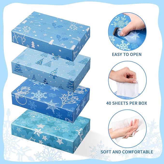 24 Packs Small Boxes of Tissues Flower Car Facial Tissue Boxes Disposable Tissue Packs Cube Facial Tissues 2 Ply 960 Sheets for Holiday Party Bathroom Office Floral Home Decor(Winter)
