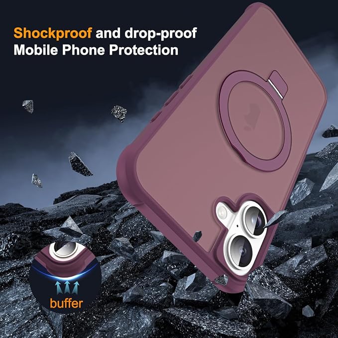 Compatible with iPhone 17 Case with Invisible Magnetic O-Ring Stand Military-Grade Translucent Phone Case for iPhone 17 6.3" [Compatible with Mag-Safe][Great Grip Feeling], Wine Red