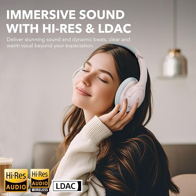 1Mii Y8+ Noise Cancelling Headphones Bluetooth, Wireless LDAC Hi-Res Audio, Custom EQ via App, 75H Playtime, Comfort Fit, Over Ear Headphones Foldable for Airplane Travel Home Office Beige Cyan