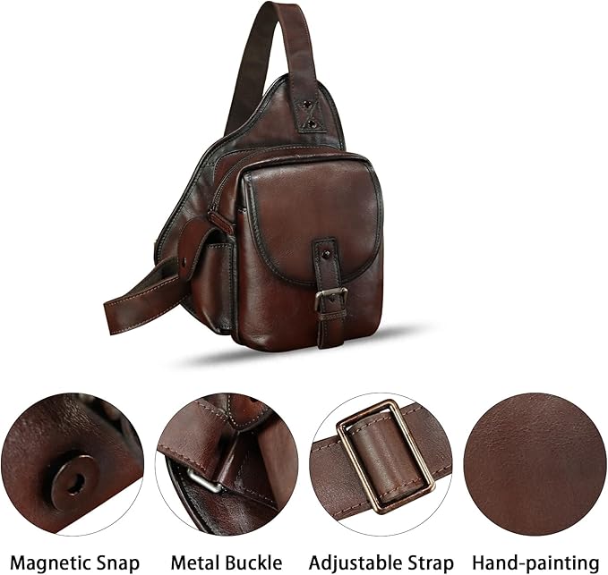 Genuine Leather Sling Bag for Men Women - Chest Crossbody Bag Vintage Sling Backpack Purses Hiking Sports Travel (Coffee)