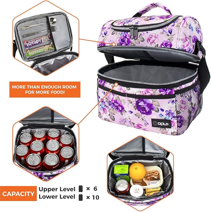 Opux Lunch Box For Women - Large Dual Compartment Insulated Lunch Bag, 10x7.5x10 Inches, Floral Purple