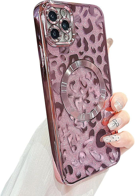 for iPhone 11 Pro Case Magnetic,Soft Cute Luxury Leopard Cheetah Pattern Plating Glitter Bling Phone Case Compatible with MagSafe Clear Shockproof Back Cover for Women Girl 5.8"-Pink