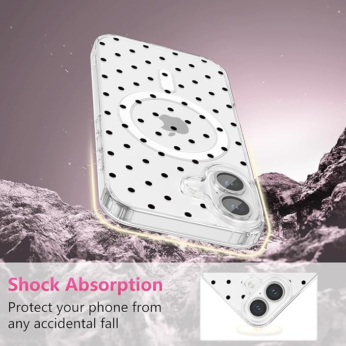 ZTOFERA Magnetic for iPhone 16 Plus Case,Cute Polka Dot Phone Case Aesthetic Striped Clear Trendy Slim Soft Shockproof Protective Phone Cover for Women Girls, Black Dot