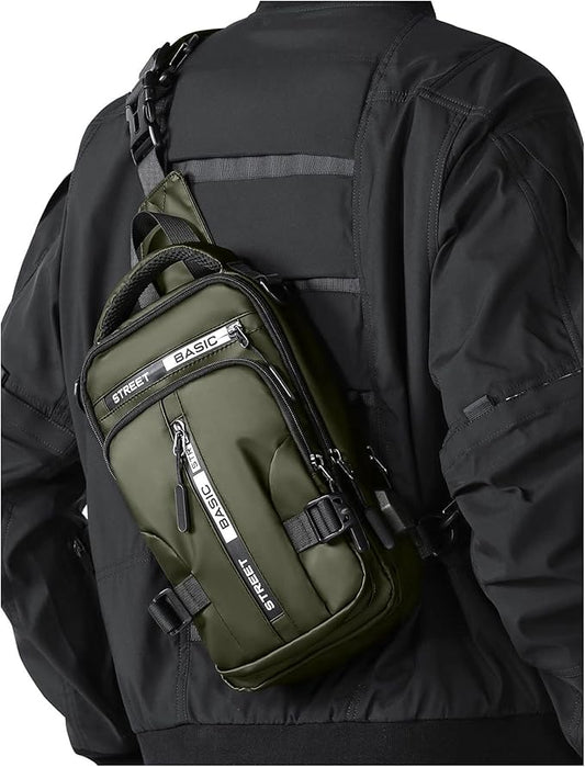 Small Sling Crossbody Backpack Shoulder Bag for Men, Lightweight One Strap Backpack Sling BacK pack for Hiking Walking Biking Travel Cycling USB Charger Port-Nylon (Olive Green)