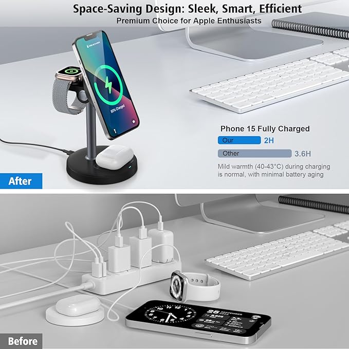 3 in 1 Wireless Charging Station for Multiple Devices, 15W Fast Magnetic Wireless Charger Stand with Adjustable Angle, Compatible with iPhone12-16 Series, Apple Watch, AirPods - Gifts for Men &Women