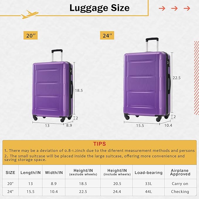 Merax Luggage Set 2 Piece Suitcase Sets with Spinner Wheel,Lightweight Hardside Expandable Travel Laggage with TSA Lock,Suitcase with Travel Bag(20"/24",Purple)