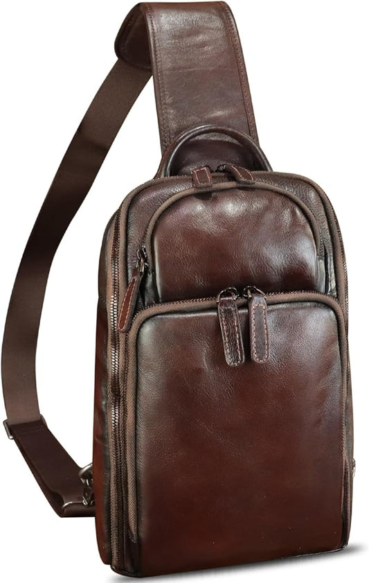 Genuine Leather Sling Bag for Men and Women Vintage Leather Sling Backpack Crossbody Bag Chest purse for 11 Inch Ipad Pro