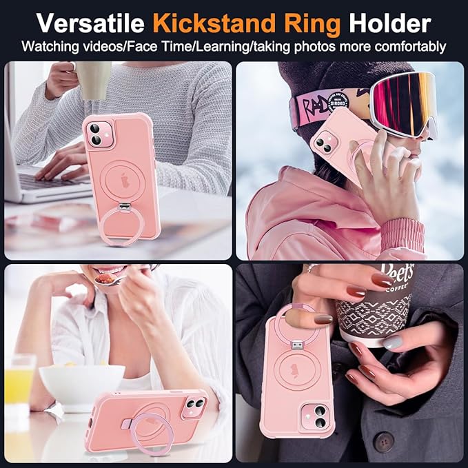 Compatible with iPhone 12 Case & iPhone 12 Pro Case with Invisible Magnetic O-Ring Stand Translucent Phone Cases 6.1" [Compatible with Mag-Safe][Great Grip Feeling], Pink