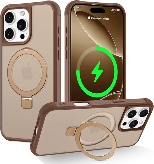 Magnetic Compatible with iPhone 16 Pro Case with Stand [Military Grade Drop Tested][Compatible with Magnet] Ring Translucent Slim Hard Back Soft Edge, Desert Gold