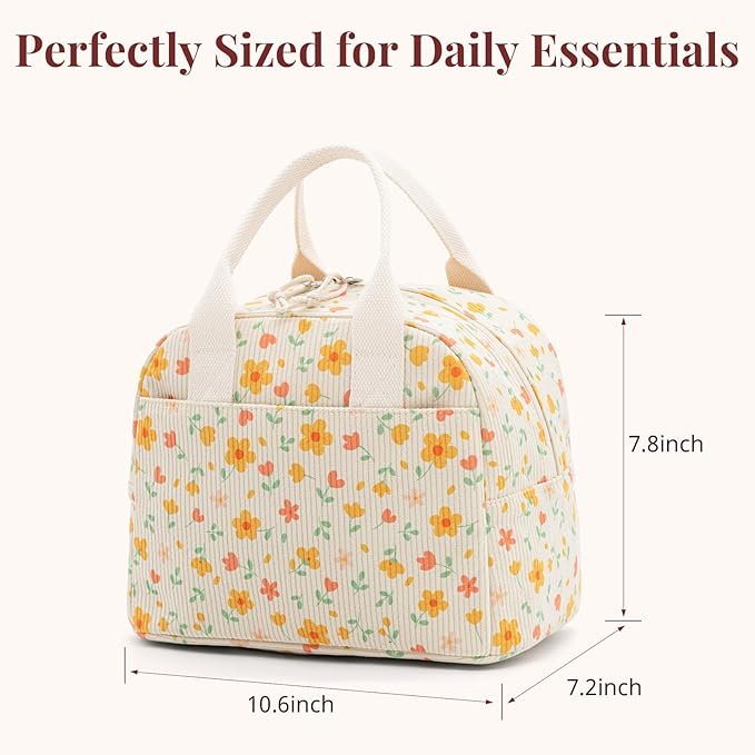 Insulated Yellow Floral Lunch Bag for Women, Stylish Corduroy Tote with Aluminum Lining, Large Capacity Reusable Cooler for Work, Travel, Beach or Picnic, Floral Water-Resistant Lunch Box