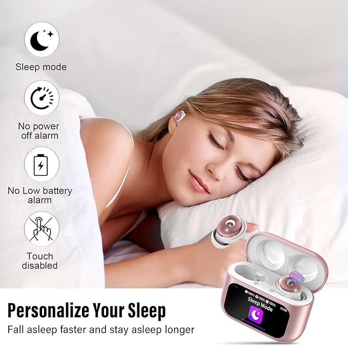 Sleep Earbuds Bluetooth 5.4 in Ear Smart Touch Screen Ear Buds, 48H Mini Sleep Headphones Small Design for Side Sleepers, Crystal-Clear Calls, 5 EQ Modes, IPX7 Waterproof Earphones Rose Gold