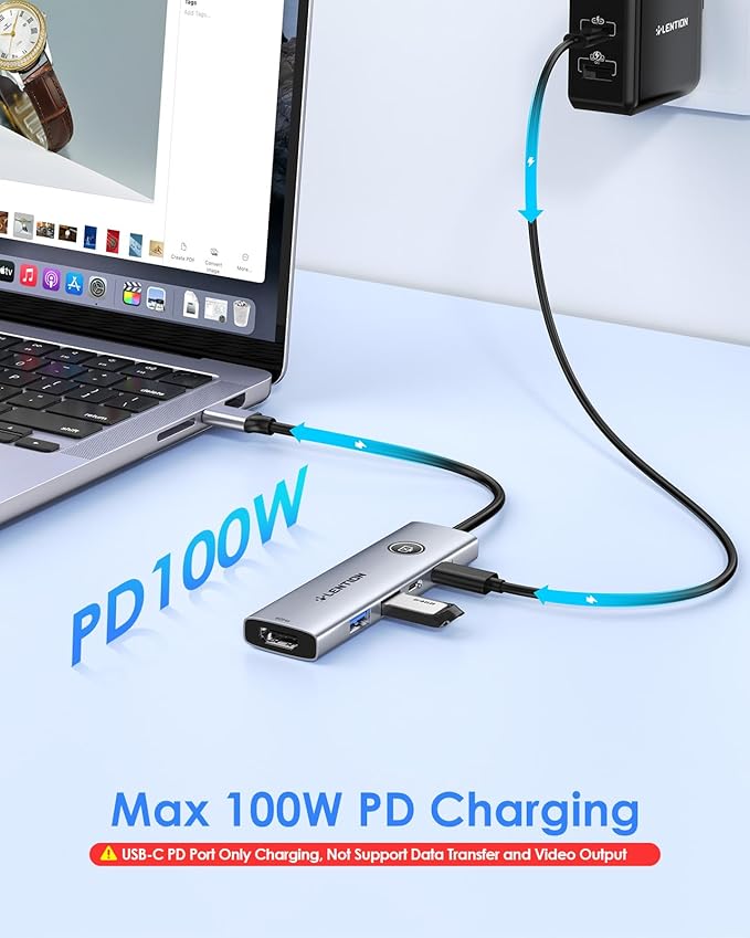 LENTION USB C Multiport Adapter, 5-in-1 USB C Hub with HDMI 4K@60Hz, USB A 3.0, Type C 3.0, 100W PD Charging, Multiport USB Adapter with Screen On/Off Button for MacBook and Other Type C Devices