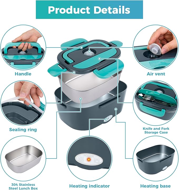 80W Electric Lunch Box for Car & Truck,12V/24V/110V Green Portable Warmer with 304 Stainless Steel Container,Ideal for Drivers & Office(Gray + Blue)