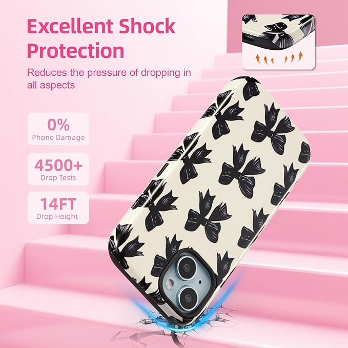QLTYPRI Case for iPhone 16e, Aesthetic Black Ribbon Bow Phone Case for Girls Women, Protective Hybrid 2-Layer Hard Shell Silicone Cover Durable Shockproof Phone Cover - Beige
