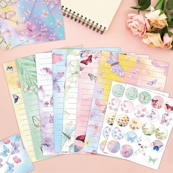 160 Pcs Stationery Paper Envelopes Set Includes 50 Lined Writing Paper & 50 Envelopes with 60 Colorful Round Dot Stickers, Cute Vintage Butterfly Letter Writing and Stationery Paper Envelopes(10Style)