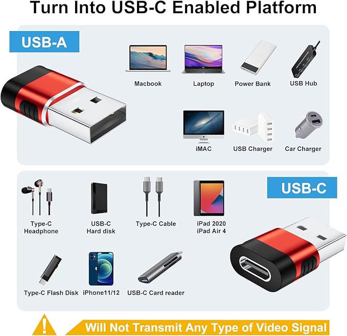 USB to USB C Adapter 6 Pack,USB A to USB C Adapter,USBC Female to USBA Male,Type C Cable Converter for iPhone,MacBook,iPad,AirPods,Charger,Red