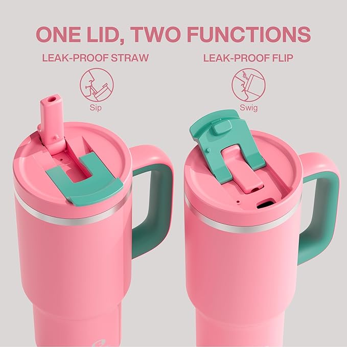 32 oz Tumbler with Handle and Straw: Stainless Steel Insulated Tumbler Keeps Cold for 24 Hours, Leakproof Travel Cup Fits in Cup Holder and BPA-Free, Tulip