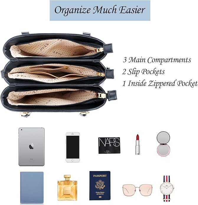 KKXIU Women Satchel Bags Handle Shoulder Handbags and Purses Pockets Zipper Leather Crossbody Bags