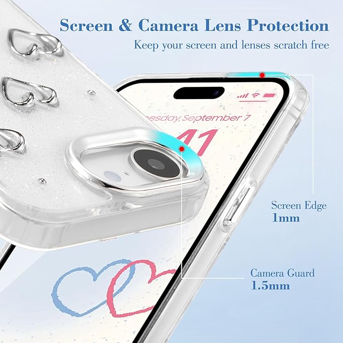 EYZUTAK Case for iPhone 16e, Bling Glitter 3D Hearts Phone Case Cute Sparkly Crystal Clear Heart Aesthetic Design Cover Slim Soft Durable TPU Transparent Protective Cover for Women Girls - Heart