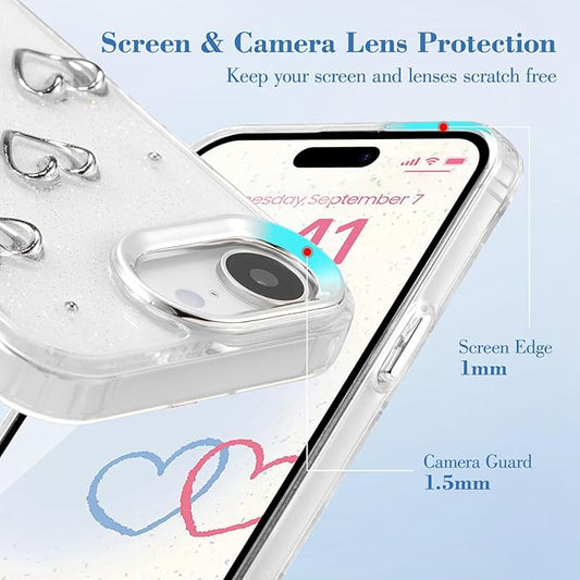 EYZUTAK Case for iPhone 16e, Bling Glitter 3D Hearts Phone Case Cute Sparkly Crystal Clear Heart Aesthetic Design Cover Slim Soft Durable TPU Transparent Protective Cover for Women Girls - Heart