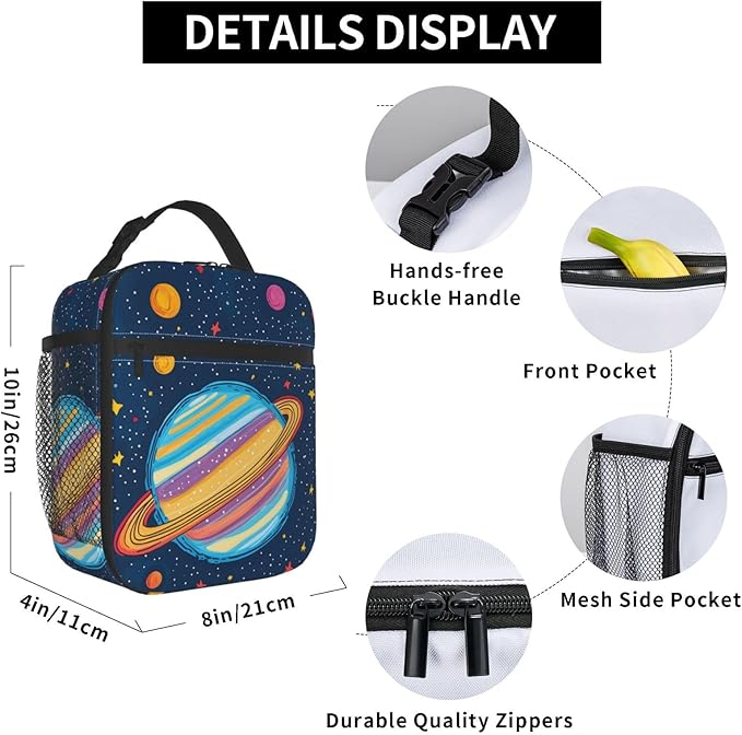Colorful Planet Lunch Box for Kids,Women,Men,Galaxy Space Design Insulated Lunchbox,Leakproof Tote Bag,Reusable Cooler Bags for Work,Picnic,Office,Travel,Cartoon Style Lunchbag Gifts