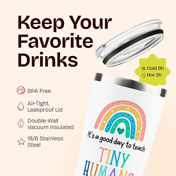 KLUBI Teacher Appreciation Gifts for Women - It's a Good Day To Teach Tiny Humans 20oz White Tumbler Gift for Kindergarten, High School, Pre K, Elementary, Middle and Preschool Teachers Week Present