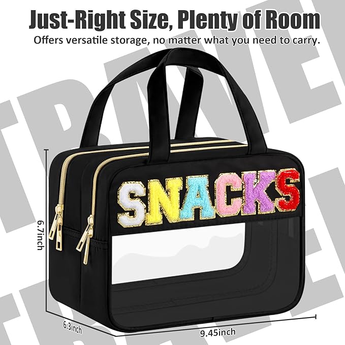 Chenille Letter Clear Makeup Bags, Snacks Bag for Travel, Preppy Patch Nylon Cosmetic Bag with Handles and Zipper, Waterproof Large Clear Travel Toiletry Bag Storage Bag for Women Black