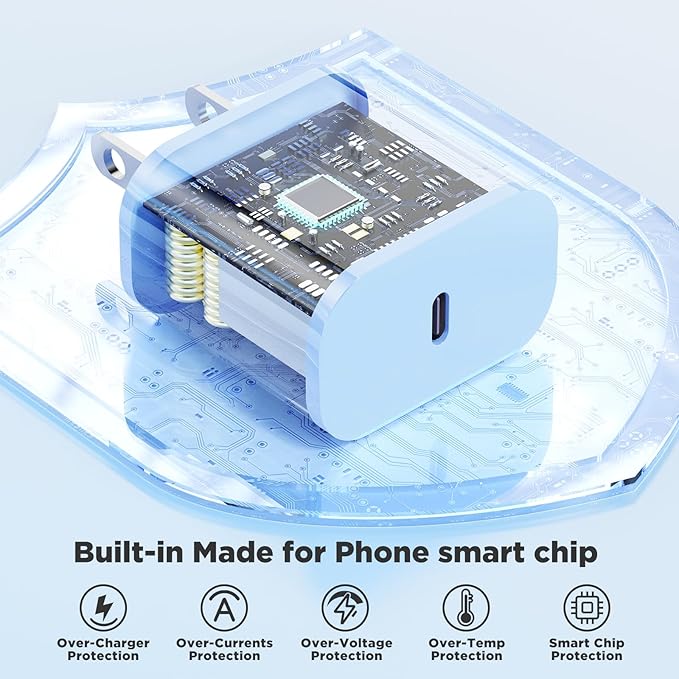 3Pack 20W USB C Wall Charger Block, USB C Charging Adapter,Super Fast Charging Power Plug Cub for iPhone 16/15,i-Pad Pro,Galaxy S25,and More-White+Blue