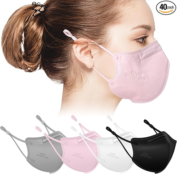 KN95 Adjustable Masks 40 Pack, Individually Wrapped Disposable Respirator Masks with Adjustable Ear Loops, Multicolored