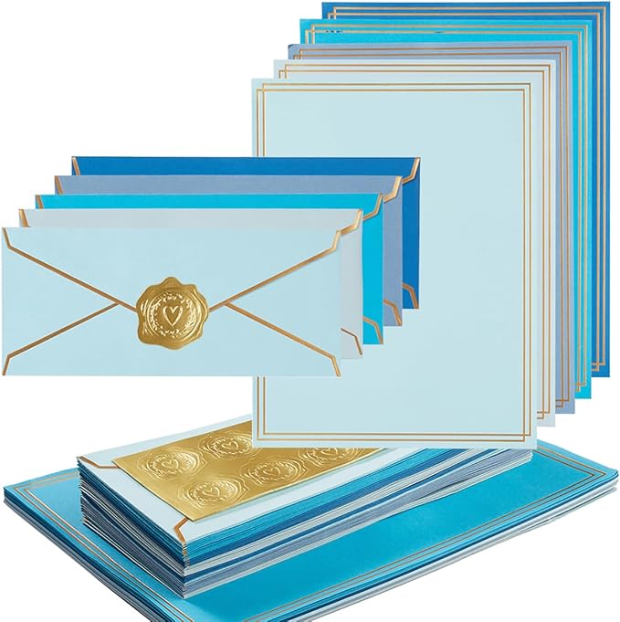 50 Pack 5 Colors Stationery Set with Gold Border, #10 Business Envelopes and 8.5x11 Paper Sheets and Stickers for Writing Letters (Blue)
