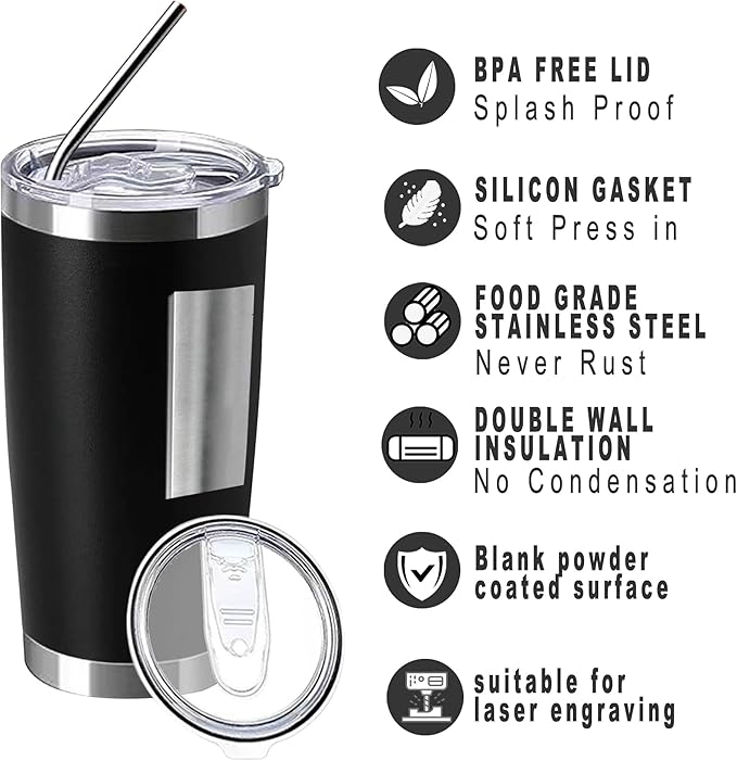 20oz insulted tumblers stainless steel cup Tumbler Bulk with push Lid, and metal straw powder coated coffee cup for cold and hot drinking (12, black)