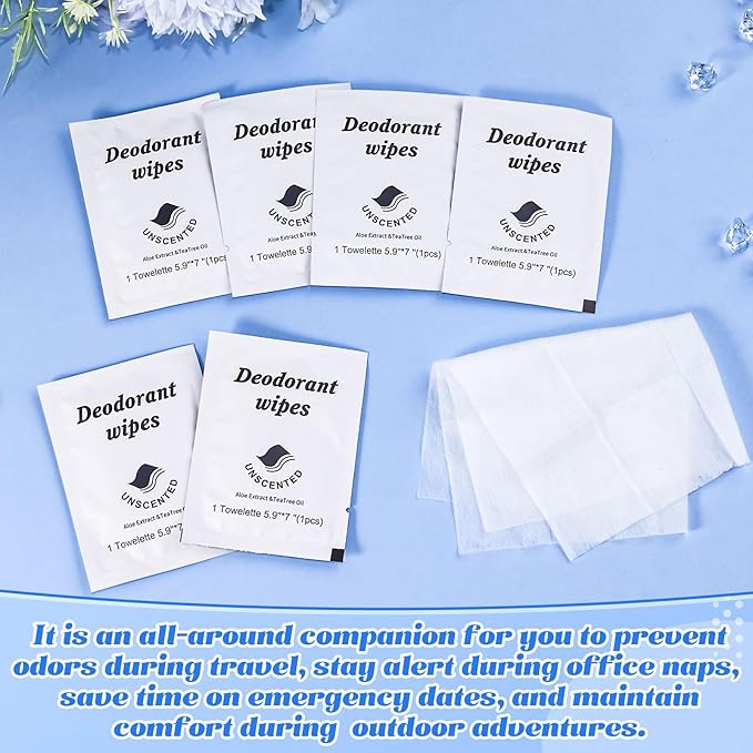 Travel Deodorant Wipes Individually Wrapped,Body Wipes to Clean Skin for Women Men（Unscented,pack of 50)