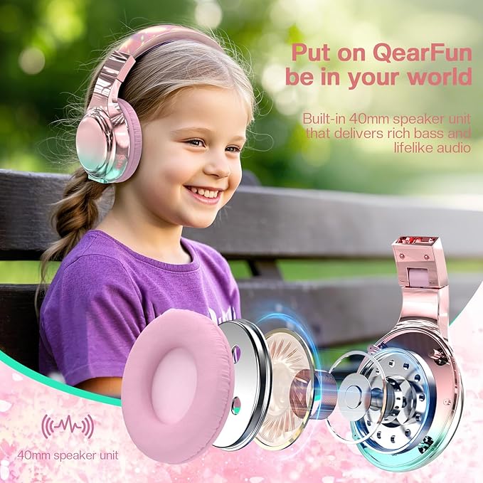 QearFun Kids Bluetooth 5.3 Headphones, Wireless Metallic Gradient Headset, Lightweight Foldable On Ear Headphones with Aux Cord, Fast Charging, Built-in Mic, for School/Travel/Tablet/iPad