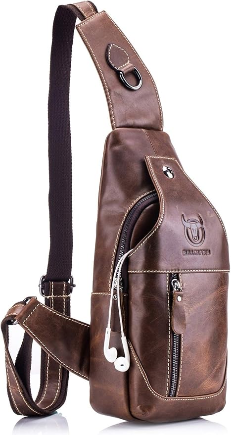 BULLCAPTAIN Genuine Leather Men Bags Shoulder Sling Crossbody Bag Casual Mens Chest Bag Travel Hiking Backpack(Brown)