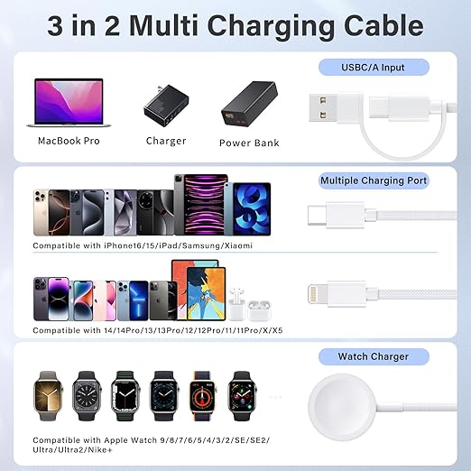 Travel Essentials,3 in 2 USB C Cable for Apple Watch Charger/iPhone 17 Charger/Lightning,Multi Charging Cable Cord,Vacation Camping Essentials,Portable Designed for iWatch &iPhone 16-12-4FT