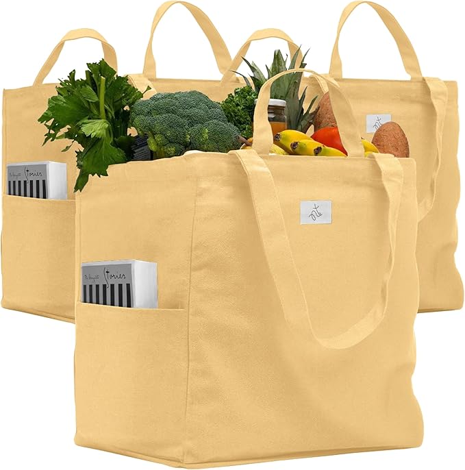 Nook Theory 3 Pcs Reusable Grocery Bags - Heavy Duty Canvas Bags, Large Reusable Shopping Bag, Picnic, 100% Cotton (Sand)