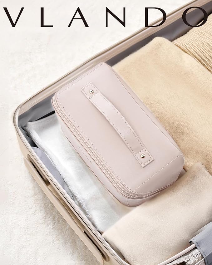 Vlando Makeup Bag,Large Capacity Toiletry Bag for Women Waterproof Portable Make up Pouch PU Leather Open Flat Cosmetic Bag(Apricot Pink)