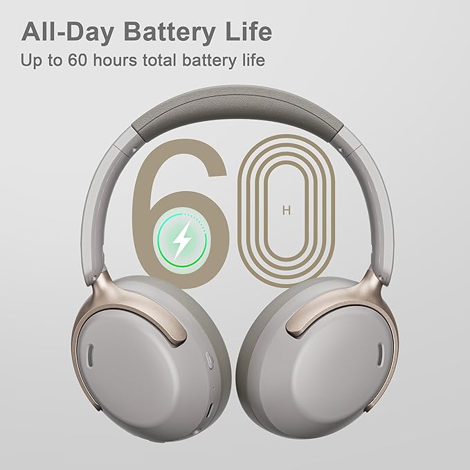 LORELEI QC30 Hybrid Active Noise Cancelling Headphones, 60H Playtime, Built-in Mic, Wireless Over Ear Headsets with Case,Bluetooth 5.4,Deep Bass Comfort Fit Soft-Earpads Fast Charging -Dunes Grey