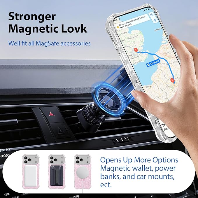 Magnetic for iPhone 17 Pro Max Case with Invisible Stand, Compatible with MagSafe, Clear Bling Sparkle Shockproof Slim Anti-Slip Military Drop Protection Hard Phone Case 6.9" Glitter Pink