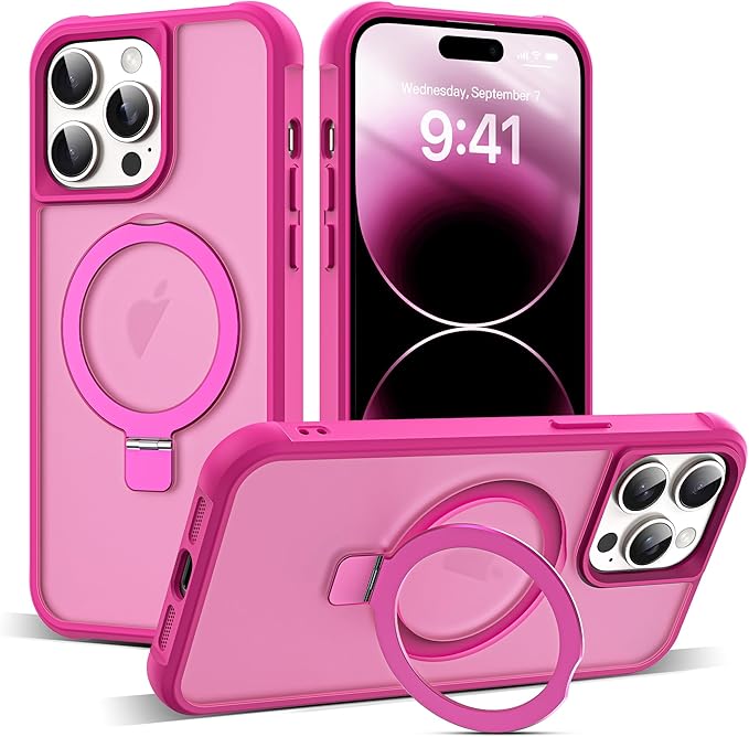 Compatible with iPhone 14 Pro Case with Invisible Magnetic O-Ring Stand Military-Grade Translucent Case for iPhone 14 Pro 6.1" [Compatible with Mag-Safe][Great Grip Feeling], Rose
