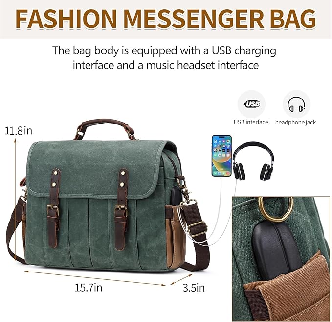 Messenger Bag for Men 15.6 Inch Vintage Canvas Genuine Leather Briefcase for Men Laptop Bag Satchel Shoulder Bag