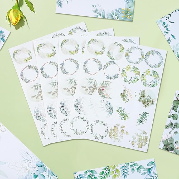 160 Pcs Stationery Paper Envelopes Set Includes 50 Writing Paper & 50 Envelopes with 60 Colorful Round Dot Stickers, Cute Vintage Tree Leaf Letter Writing Stationery Paper Envelopes(10Style)