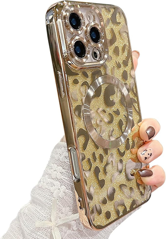 for iPhone 16 Pro Case Magnetic,Soft Cute Luxury Leopard Cheetah Pattern Plating Glitter Bling Phone Case Compatible with MagSafe Clear Shockproof Back Cover for Women Girl 6.3"-Gold