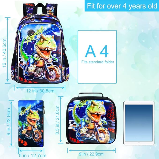 CCJPX 3PCS Dinosaur Backpack for Boys, 16 Inch Kids Water Resistant Preschool Bookbags with Lunch Box, Cool School Bag for Kindergarten Toddler